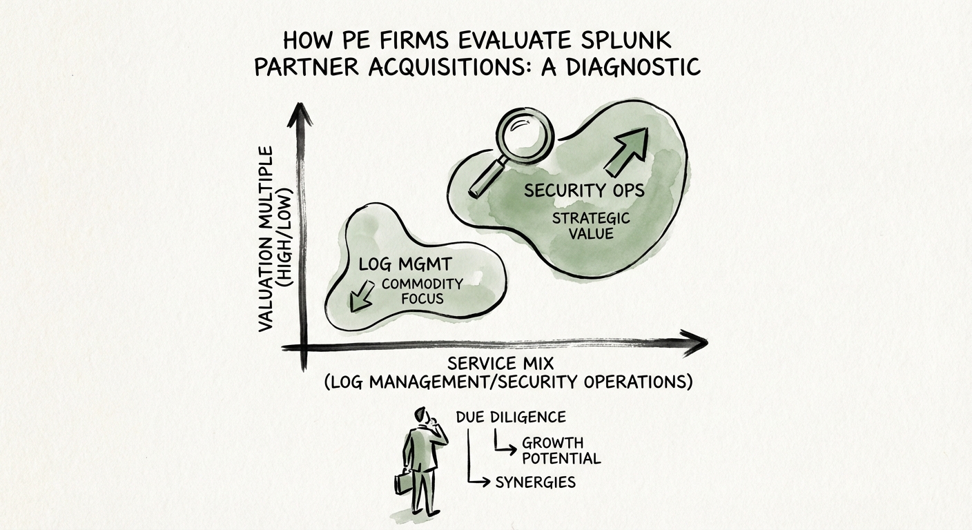 A diagnostic chart showing valuation multiples for Splunk partners based on service mix, comparing Log Management vs. Security Operations.