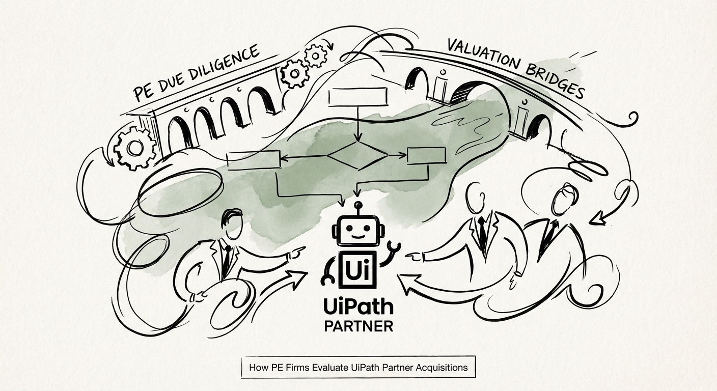 PE Due Diligence Framework for UiPath Partner Acquisitions showing Valuation Bridges