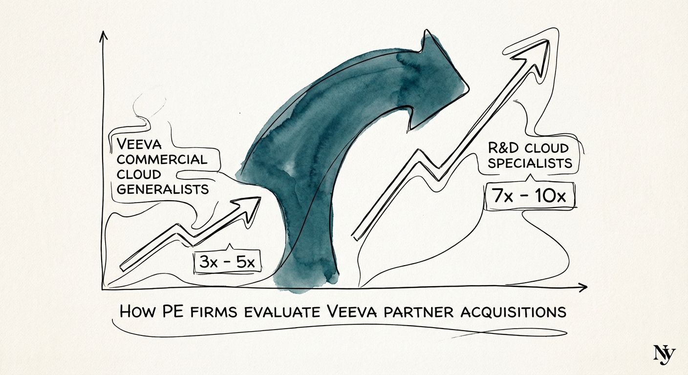 Chart showing the valuation multiple gap between Veeva Commercial Cloud generalists and R&D Cloud specialists