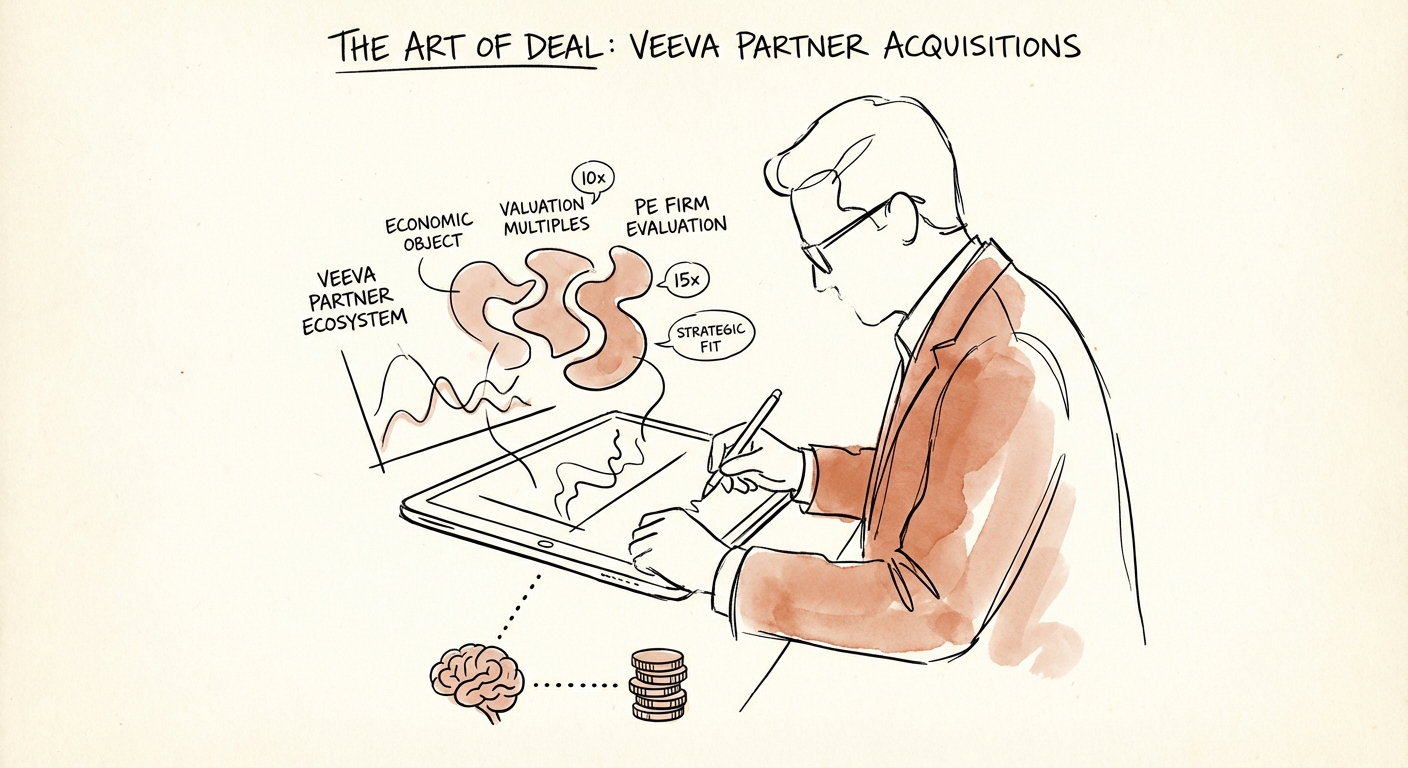 Private Equity executive analyzing Veeva partner ecosystem valuation multiples on a digital tablet
