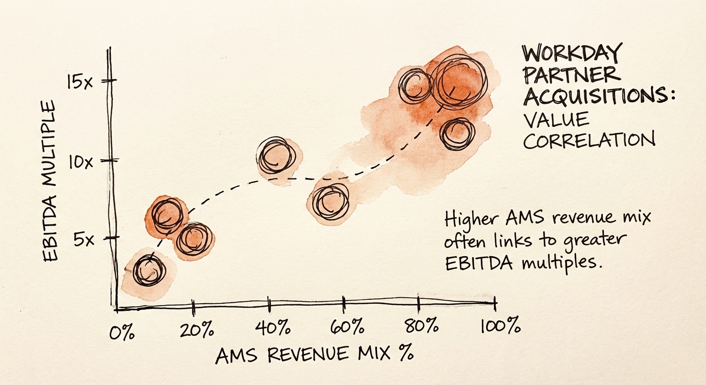 Chart showing EBITDA multiple correlation with AMS revenue mix for Workday partners