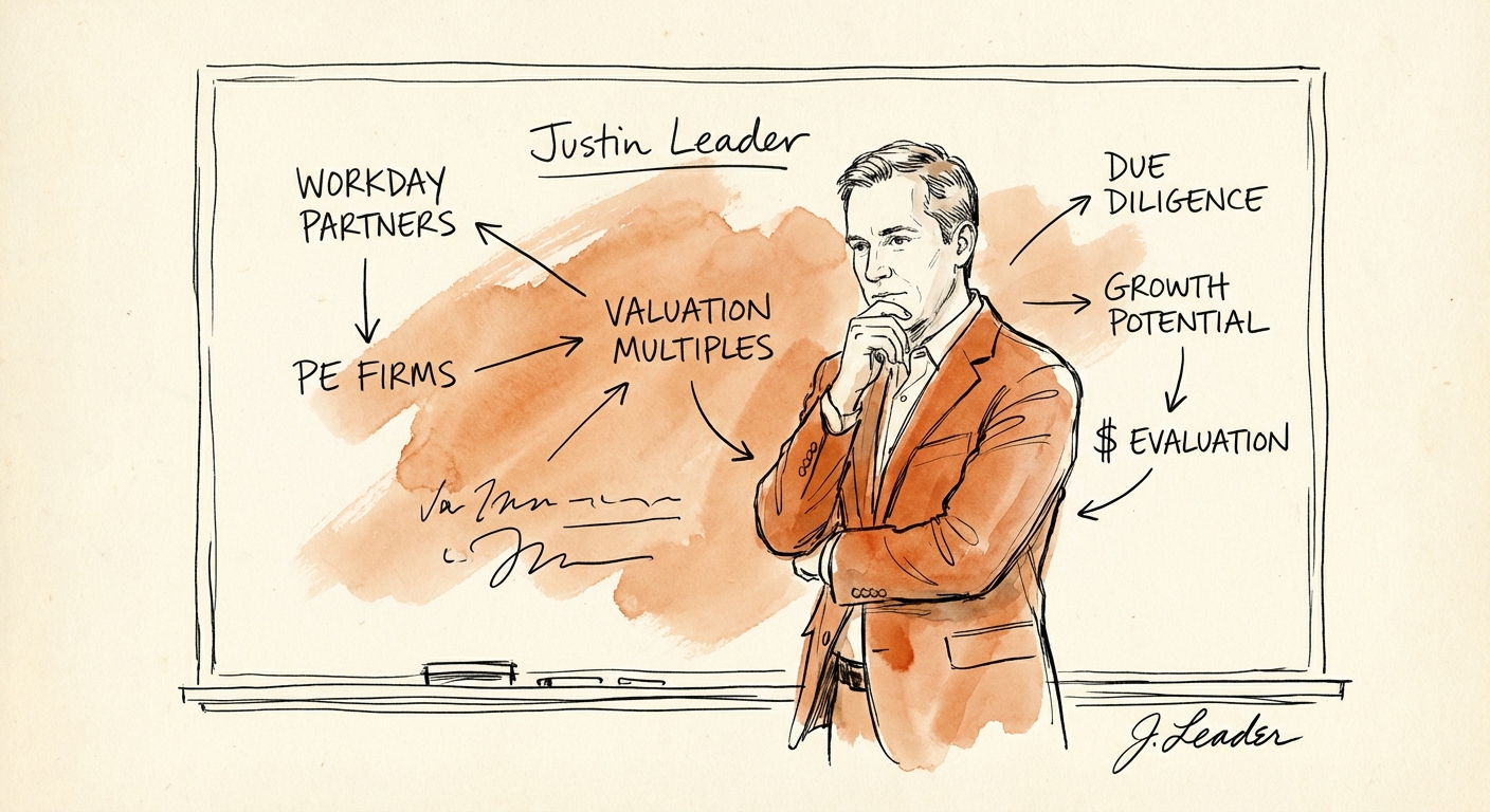 Justin Leader analyzing Workday partner valuation multiples on a whiteboard