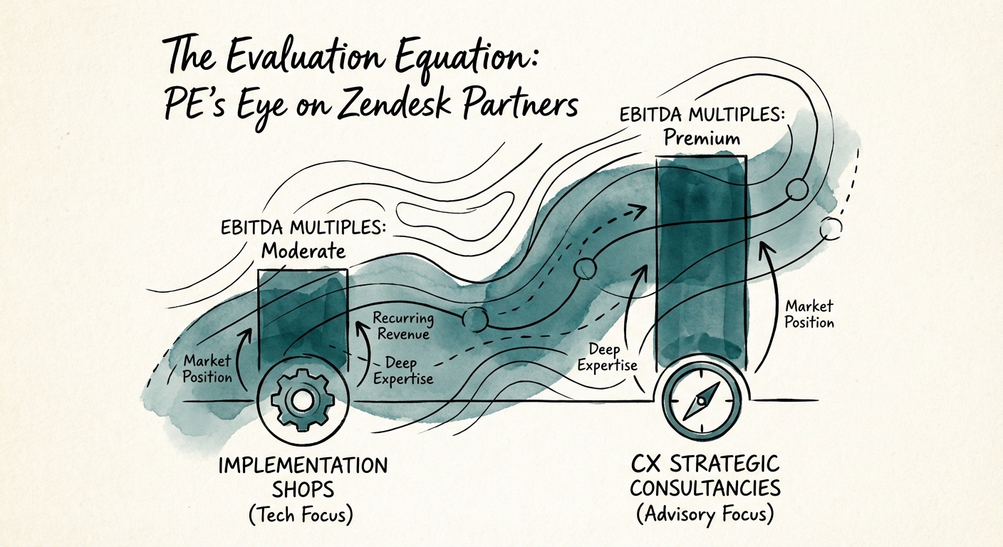 Chart comparing EBITDA multiples of Zendesk Implementation Shops vs CX Strategic Consultancies