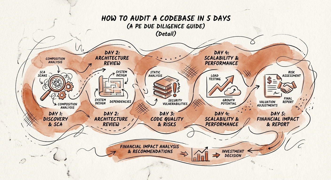 Infographic showing the 5-day technical audit timeline including
SCA scans, architecture review, and financial impact analysis.