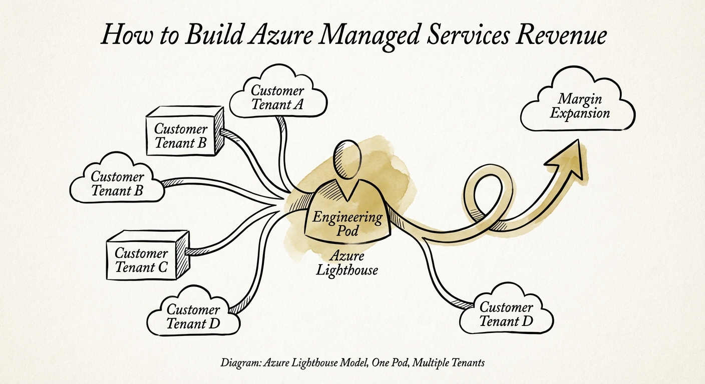 Diagram illustrating the Azure Lighthouse model: One engineering pod managing multiple customer tenants for margin expansion.