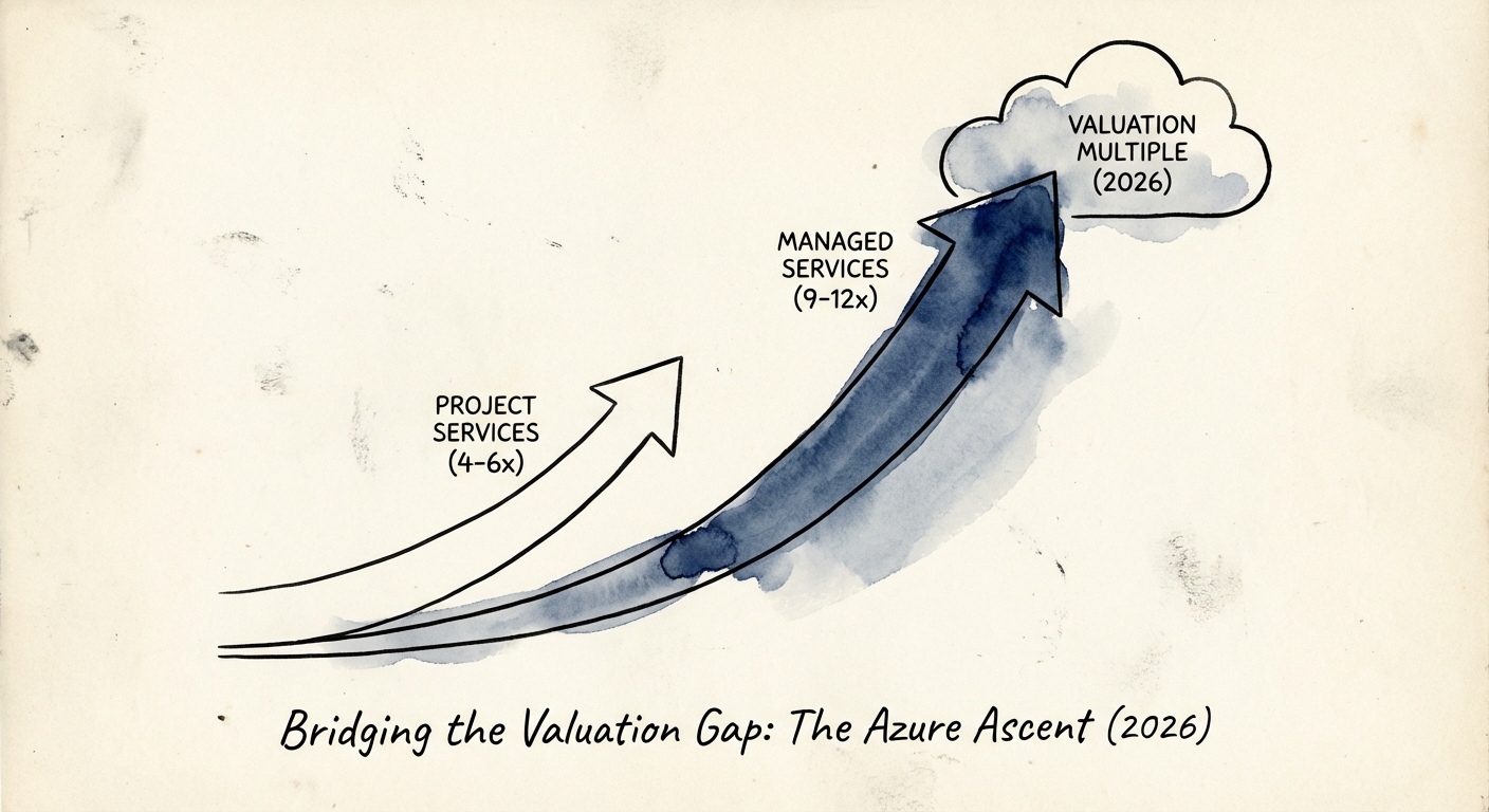 Chart showing valuation multiple gap between Project Services (4-6x) and Managed Services (9-12x) in 2026.