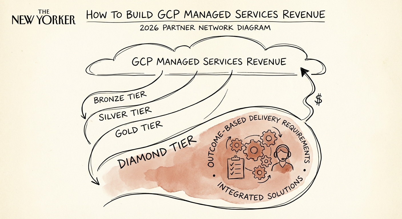 Diagram of the 2026 Google Cloud Partner Network tiers, highlighting the Diamond Tier requirements for outcome-based delivery.