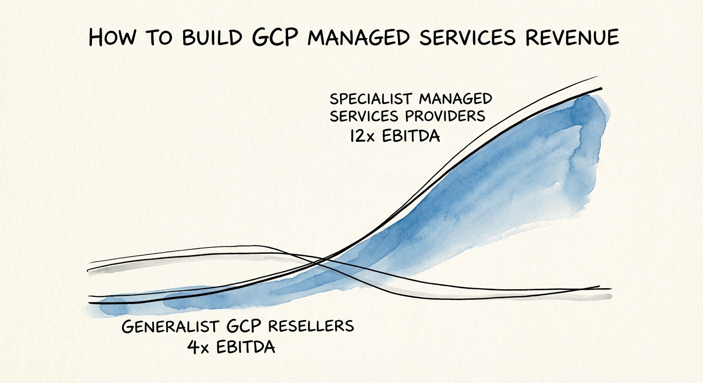 Graph showing the valuation gap between Generalist GCP Resellers (4x EBITDA) and Specialist Managed Services Providers (12x EBITDA).