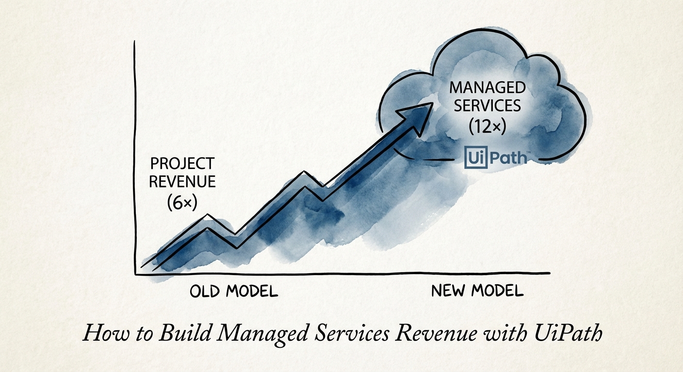Graph showing the valuation multiple expansion from 6x to 12x as a UiPath partner shifts from project revenue to managed services.