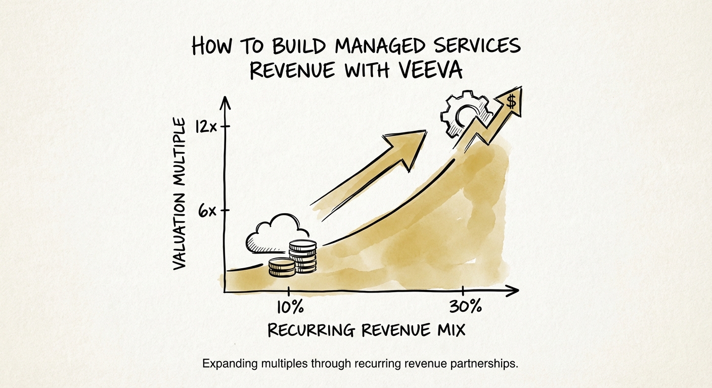 Graph showing the valuation multiple expansion from 6x to 12x as Veeva partners increase recurring revenue mix from 10% to 30%.