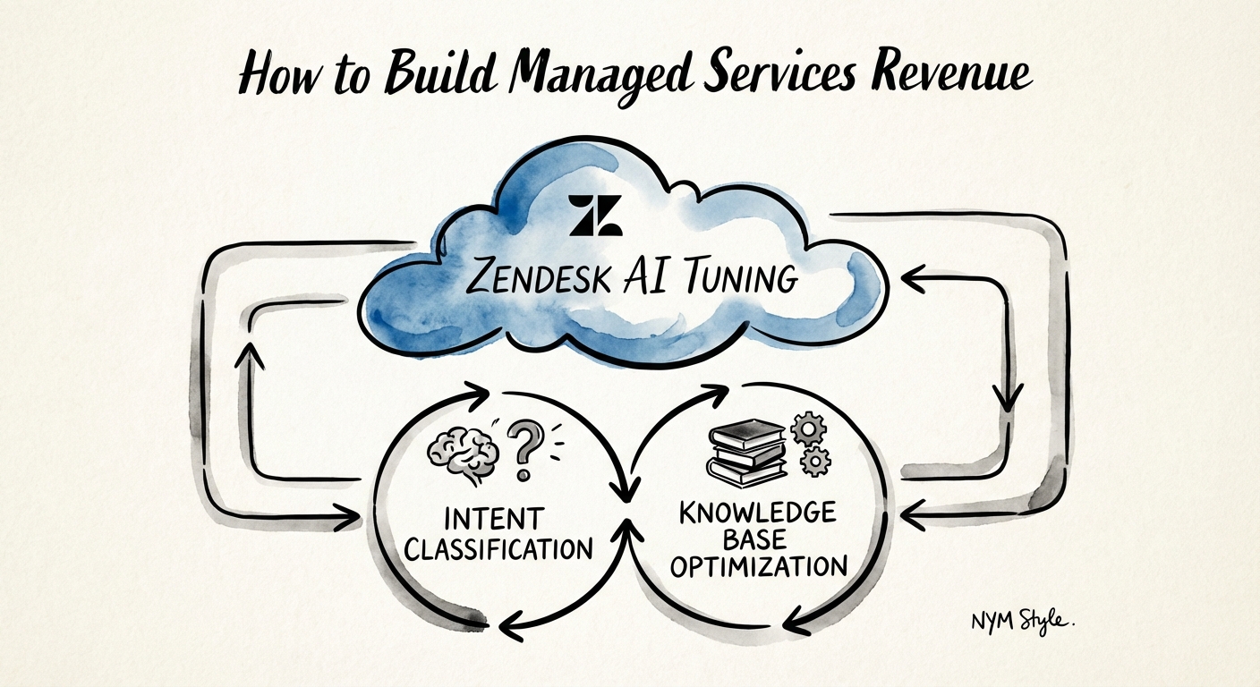 Diagram of a Zendesk AI Tuning Managed Service workflow showing intent classification and knowledge base optimization