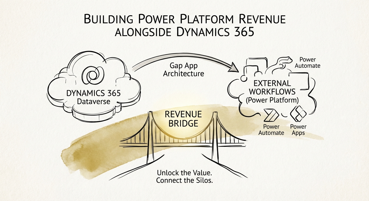 Diagram illustrating the 'Gap App' architecture connecting Dynamics 365 Dataverse with external workflows via Power Platform
