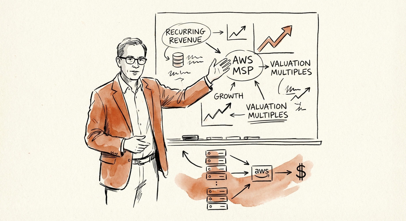 Justin Leader explaining AWS MSP valuation multiples on a whiteboard