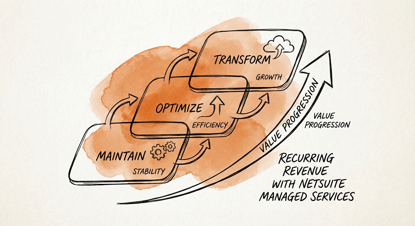 Diagram of the 3-Tier Managed Services Model: Maintain, Optimize, and Transform, showing value progression.