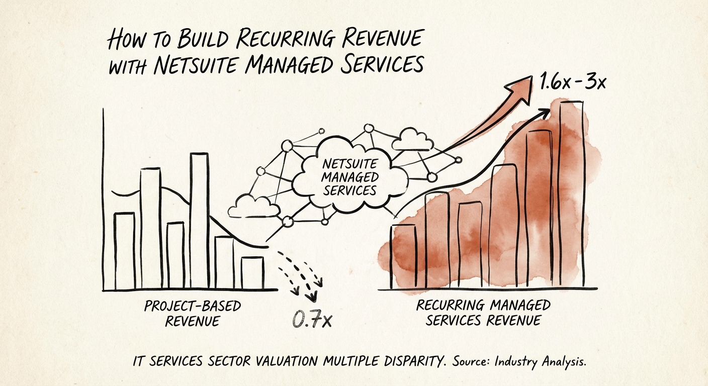 Chart showing valuation multiple disparity between project-based revenue (0.7x) and recurring managed services revenue (1.6x-3x) in the IT services sector.