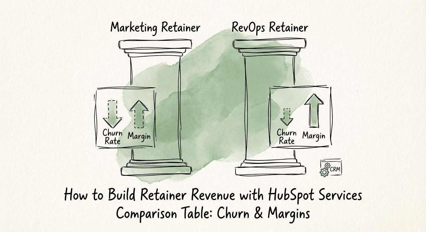Comparison table of 'Marketing Retainer' vs 'RevOps Retainer' churn rates and margins.