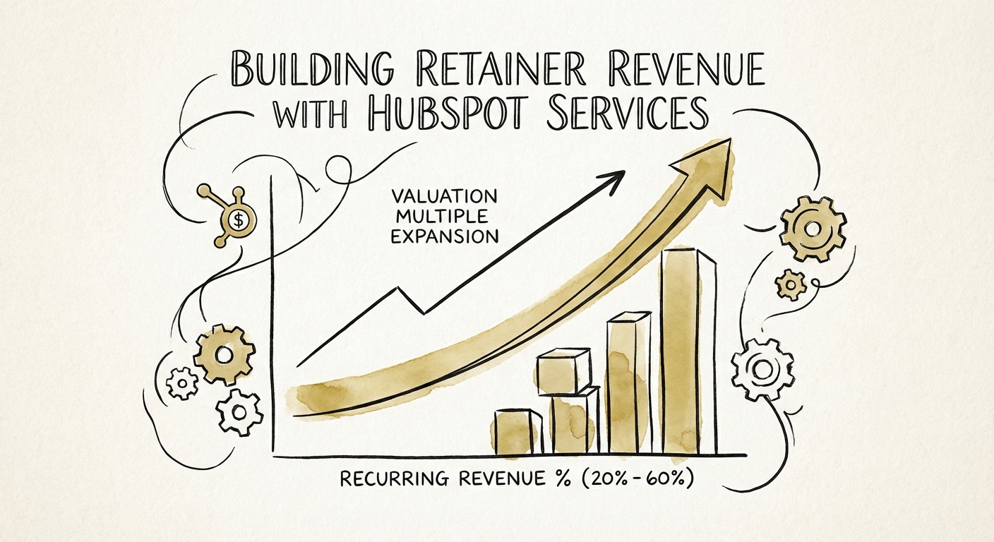 Graph showing valuation multiple expansion for HubSpot partners as recurring revenue percentage increases from 20% to 60%.