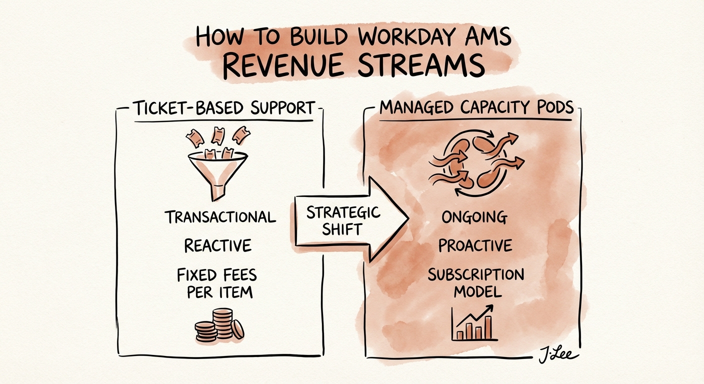 Diagram comparing Ticket-Based Support model vs Managed Capacity Pod model