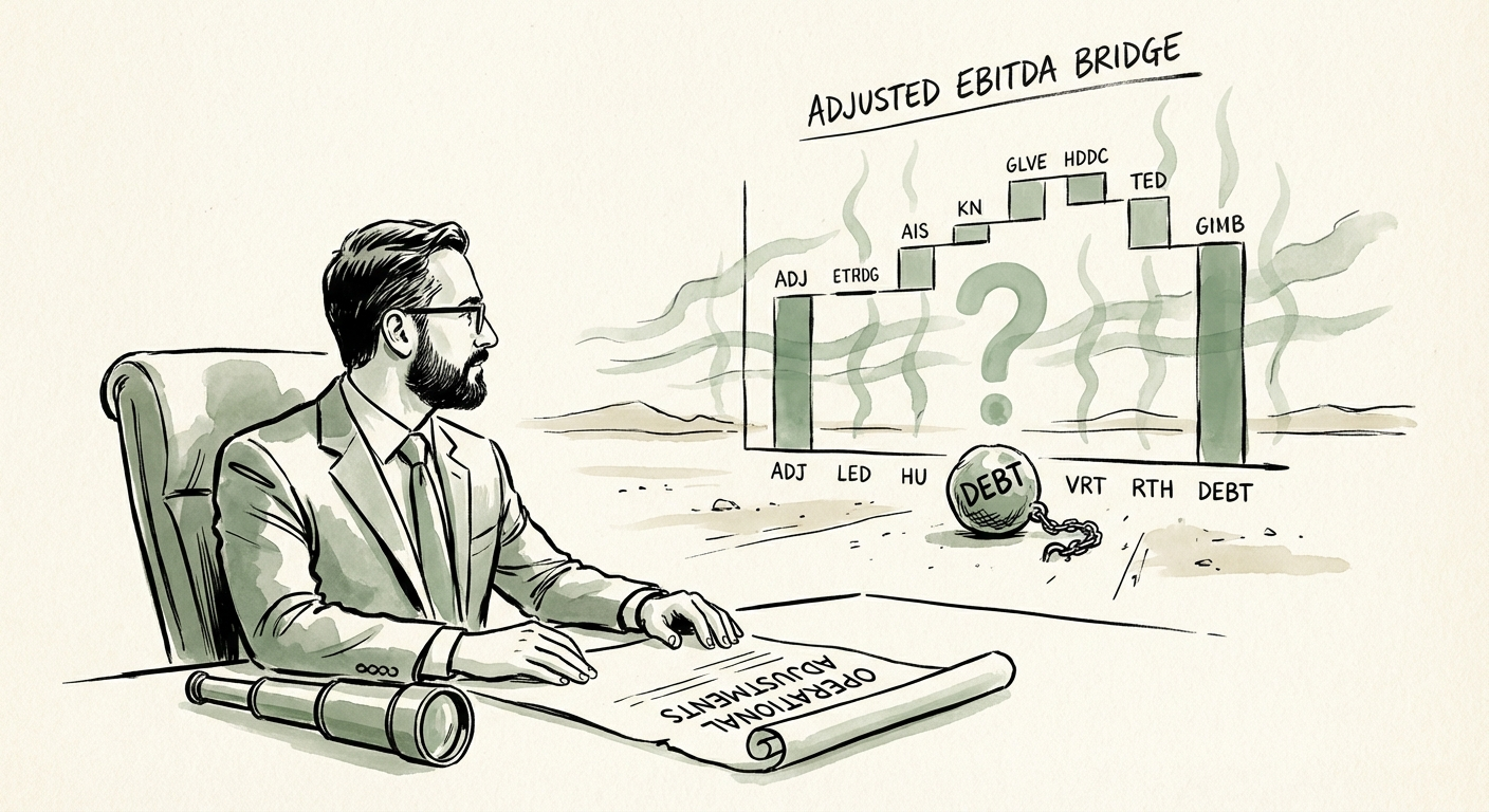 Justin Leader analyzing an Adjusted EBITDA bridge chart for a services business acquisition, highlighting operational debt adjustments.