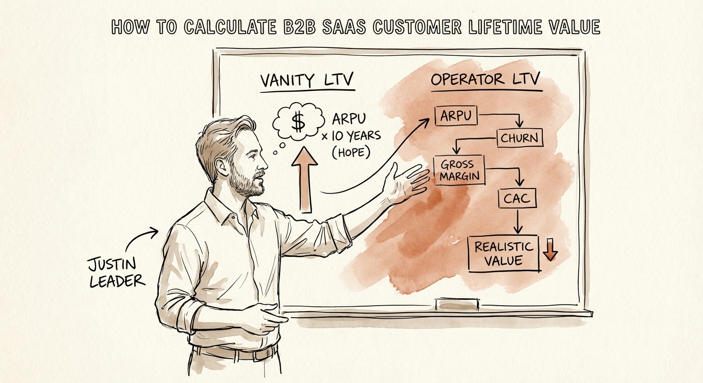 Chart comparing traditional SaaS LTV formula results vs operator adjusted LTV showing significant overestimation in the traditional model