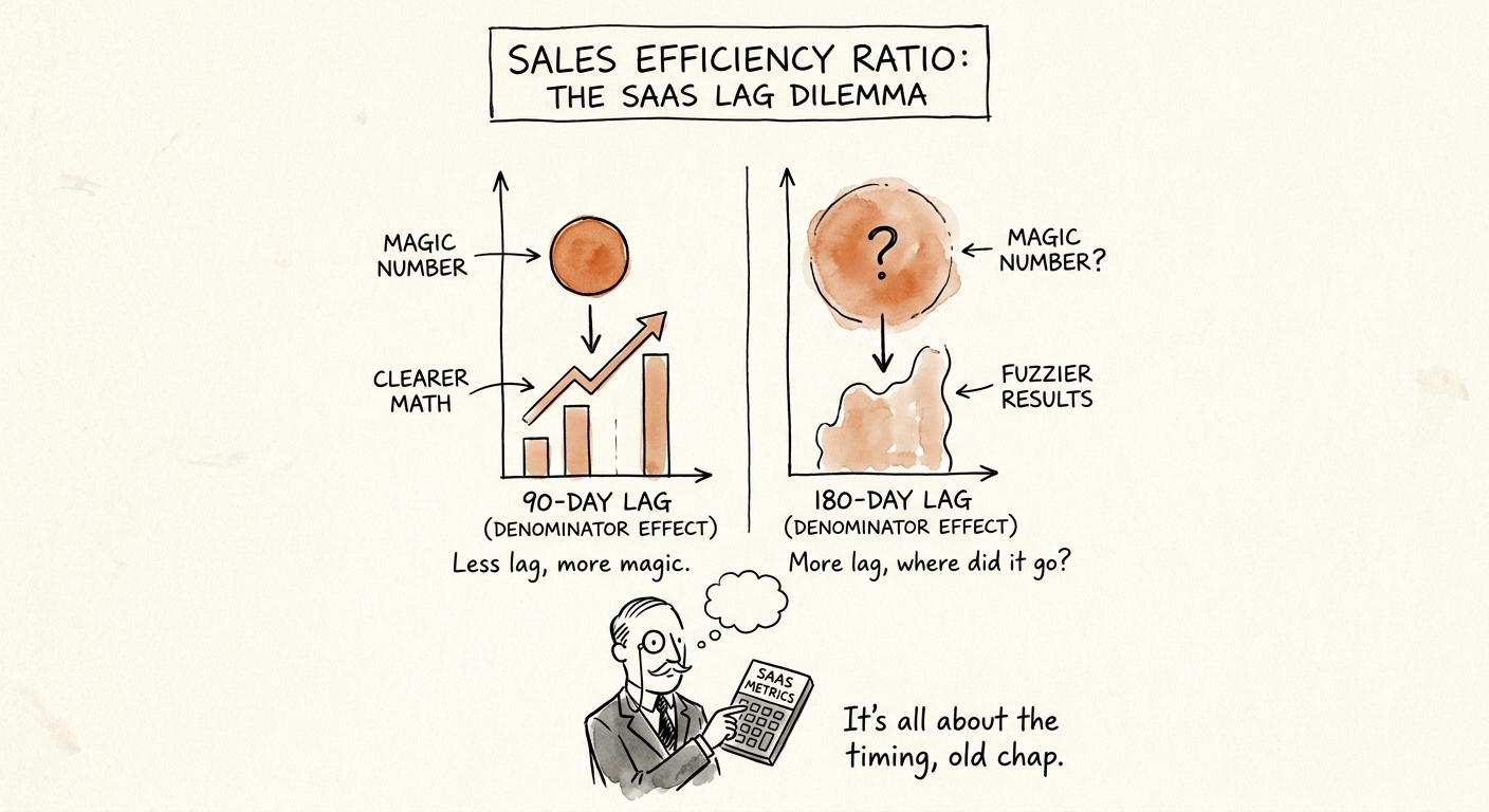 A comparative chart showing a 90-day vs 180-day sales cycle lag effect on the SaaS magic number denominator.