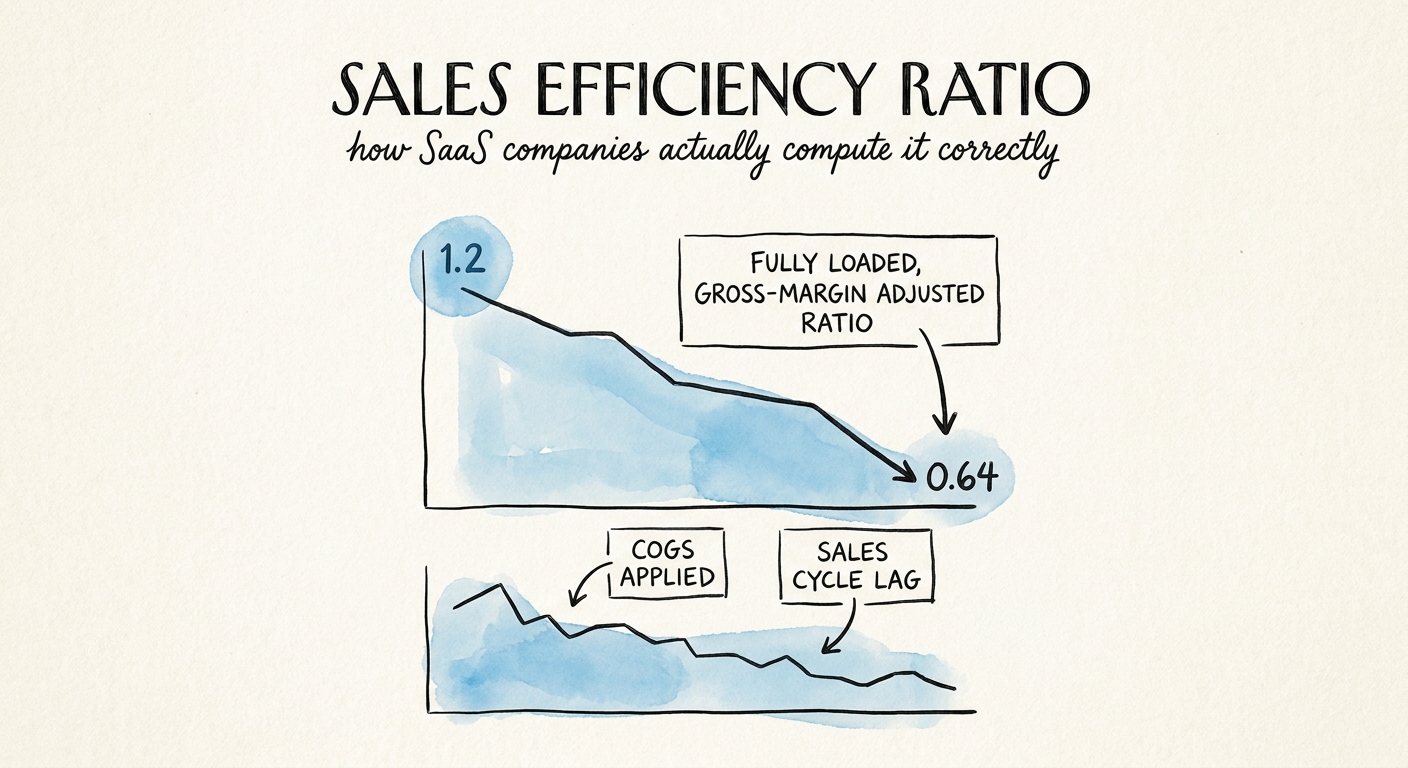 A dashboard showing a fully loaded, gross-margin adjusted SaaS sales efficiency ratio dropping from 1.2 to 0.64 after correctly applying COGS and sales cycle lag.