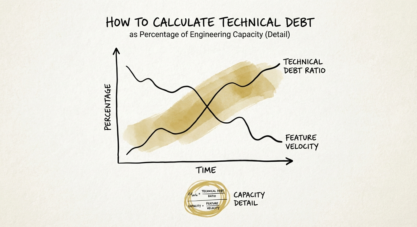 A line graph showing the inverse relationship between Technical Debt Ratio and Feature Velocity over time.