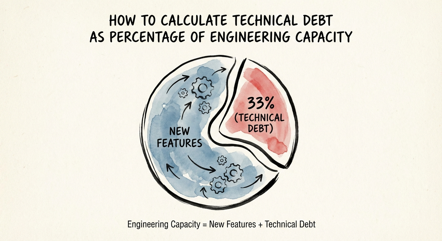 A data visualization showing engineering capacity divided into 'New Features' vs 'Technical Debt' with a 33% slice highlighted in red.