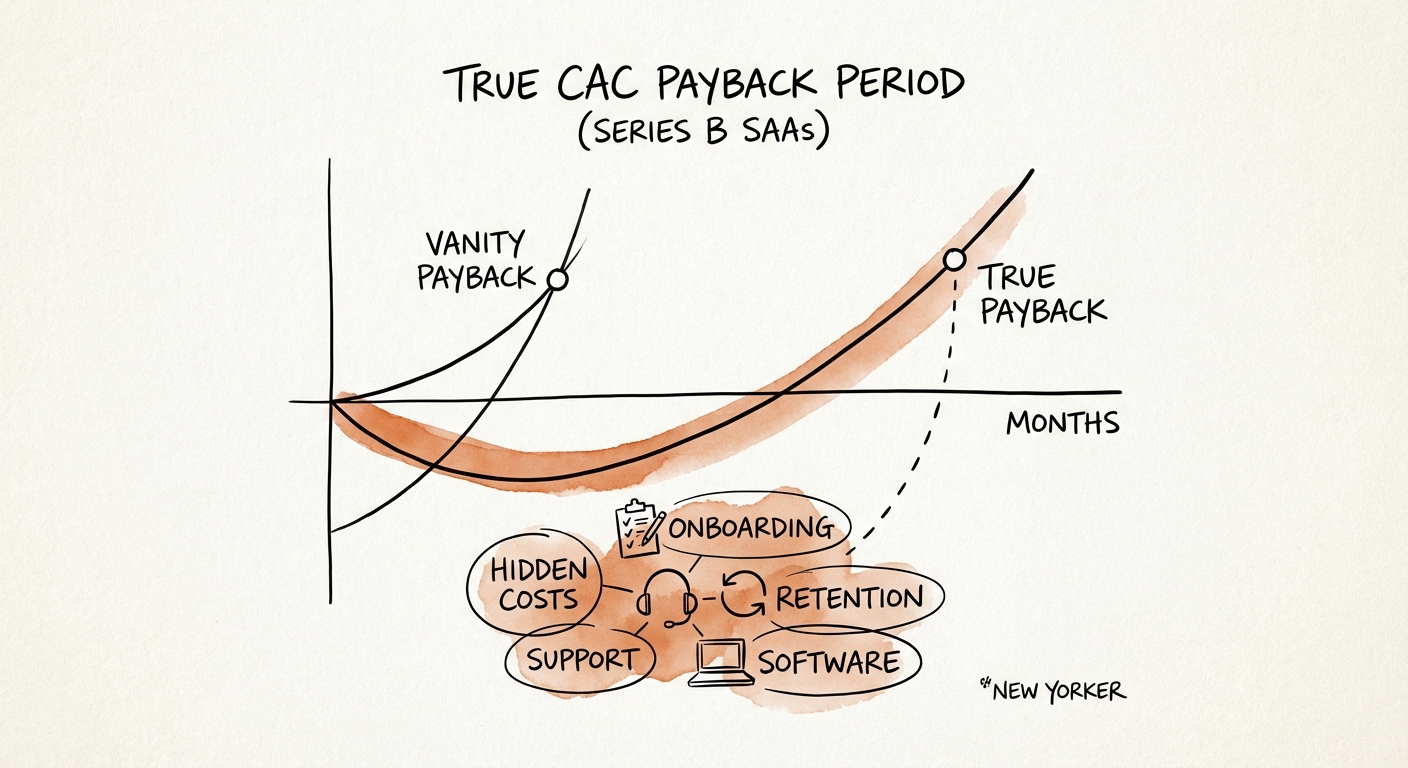 Chart showing the divergence between Standard CAC Payback (Revenue-based) and True CAC Payback (Gross Margin-based) over time.