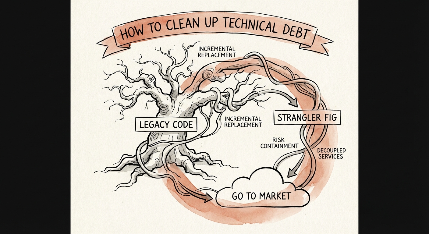 A diagram illustrating the 'Strangler Fig' pattern for containing legacy code risk.