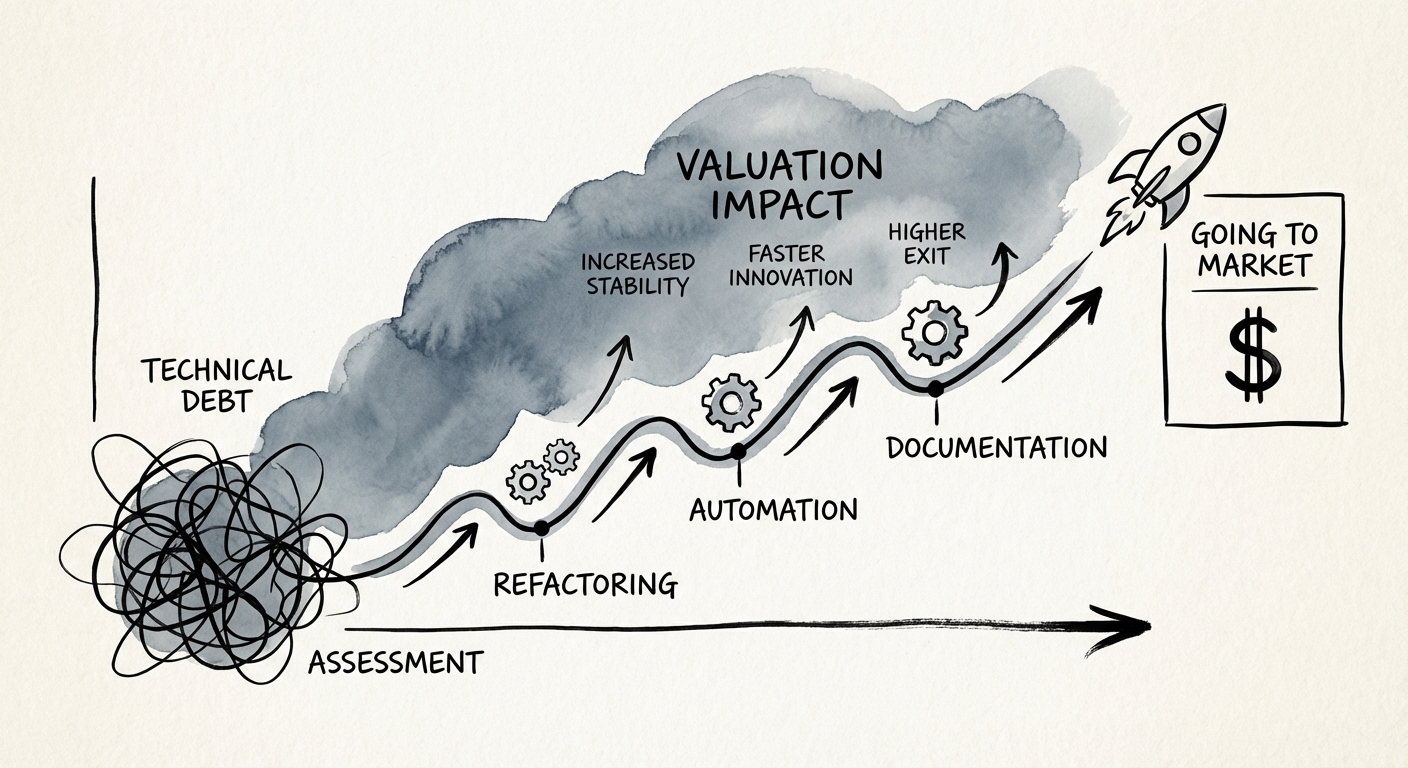 A dashboard showing a technical debt remediation timeline with valuation impact markers.