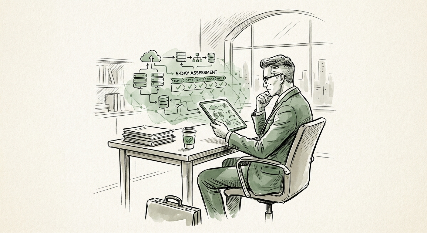 Executive reviewing technical architecture diagrams on a tablet during M&A due diligence