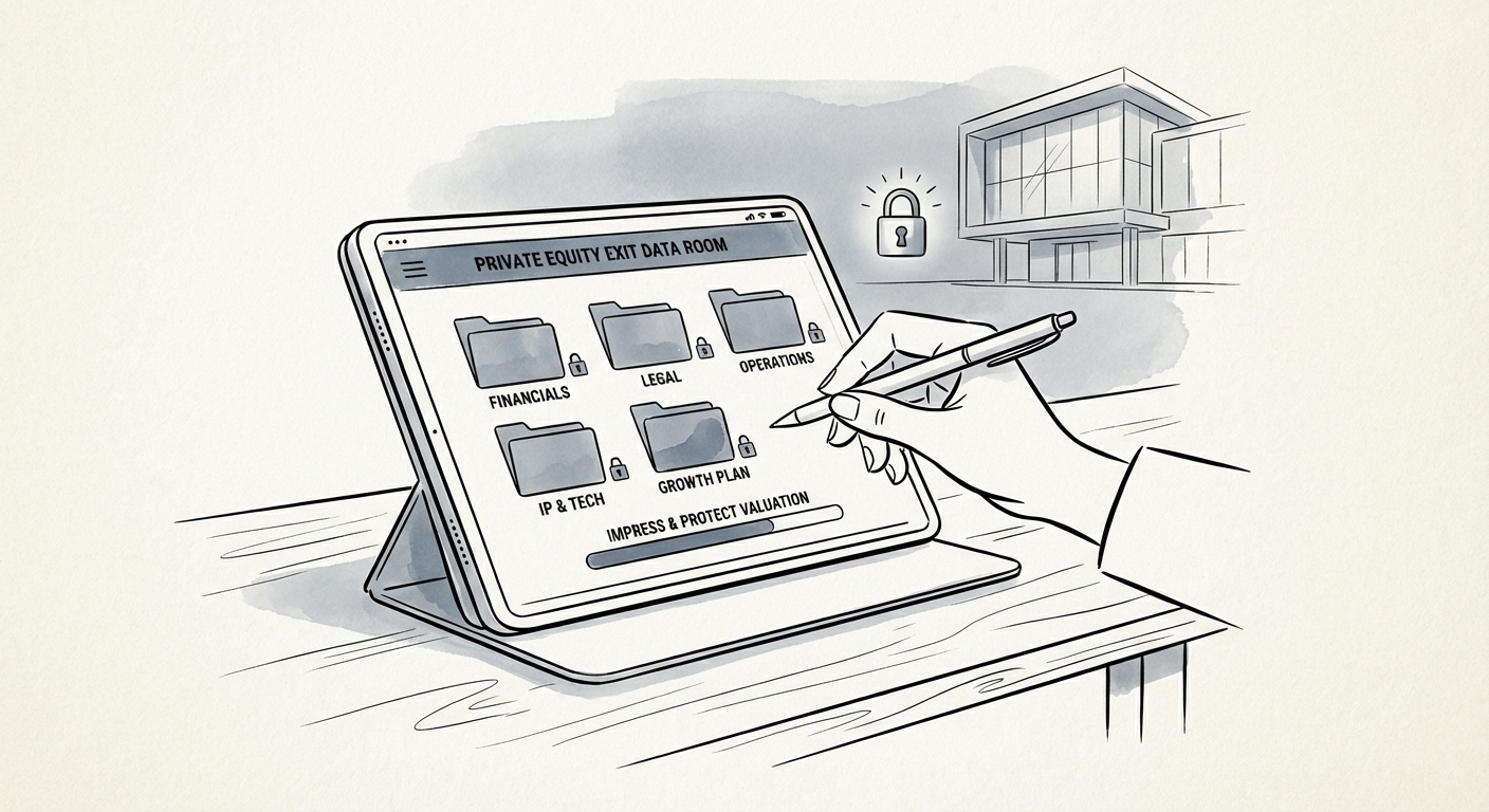 A secure, organized virtual data room interface on a tablet showing folder structures for a private equity exit.