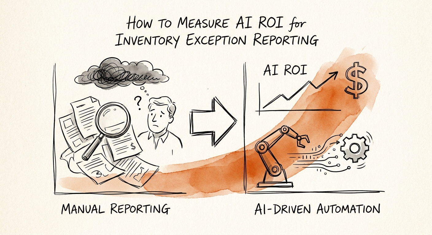 Workflow ROI model for inventory exception reporting showing baseline metrics, control points, and scale decision.