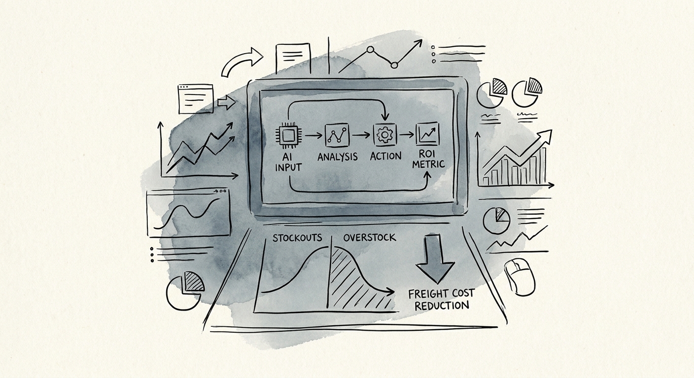 Dashboard measuring AI ROI for inventory exception reporting across baseline, exceptions, quality, and adoption.