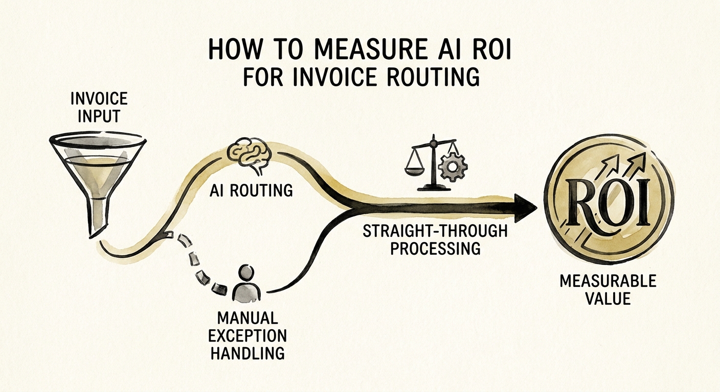 Workflow map showing inputs, review rules, and metrics for invoice routing.