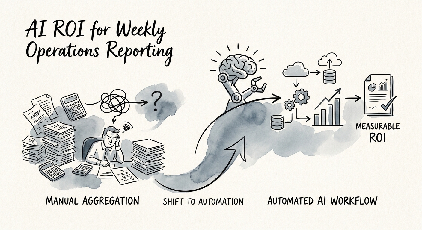 Workflow ROI model for weekly operations reporting showing baseline metrics, control points, and scale decision.