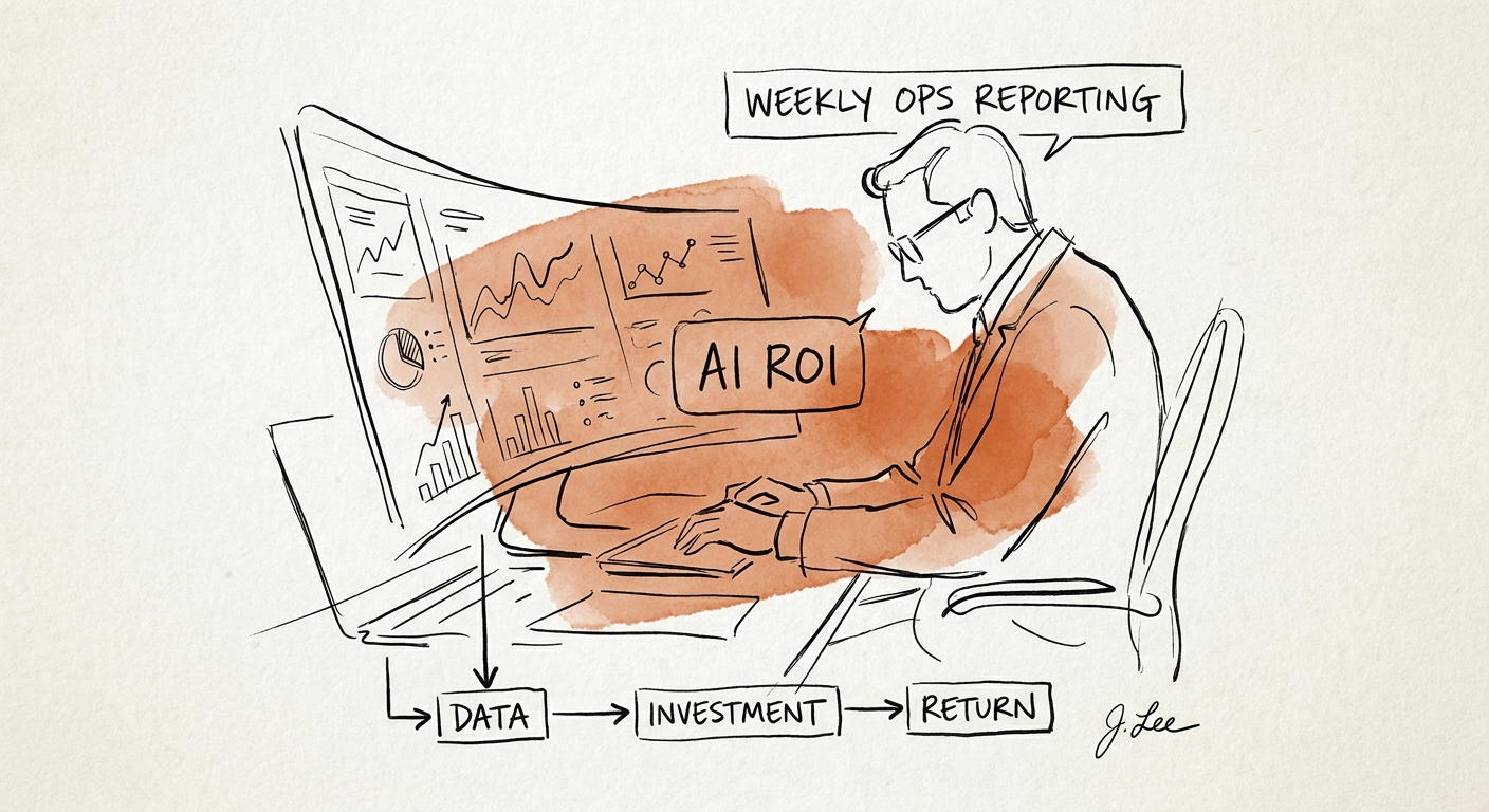 Dashboard measuring AI ROI for weekly operations reporting across baseline, exceptions, quality, and adoption.