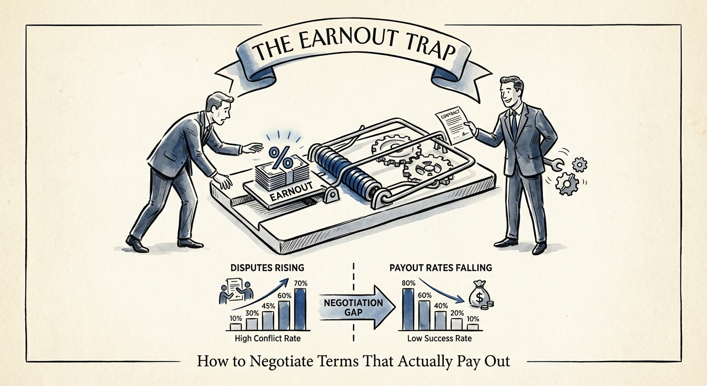 Visual breakdown of earnout dispute statistics and payout rates in M&A deals