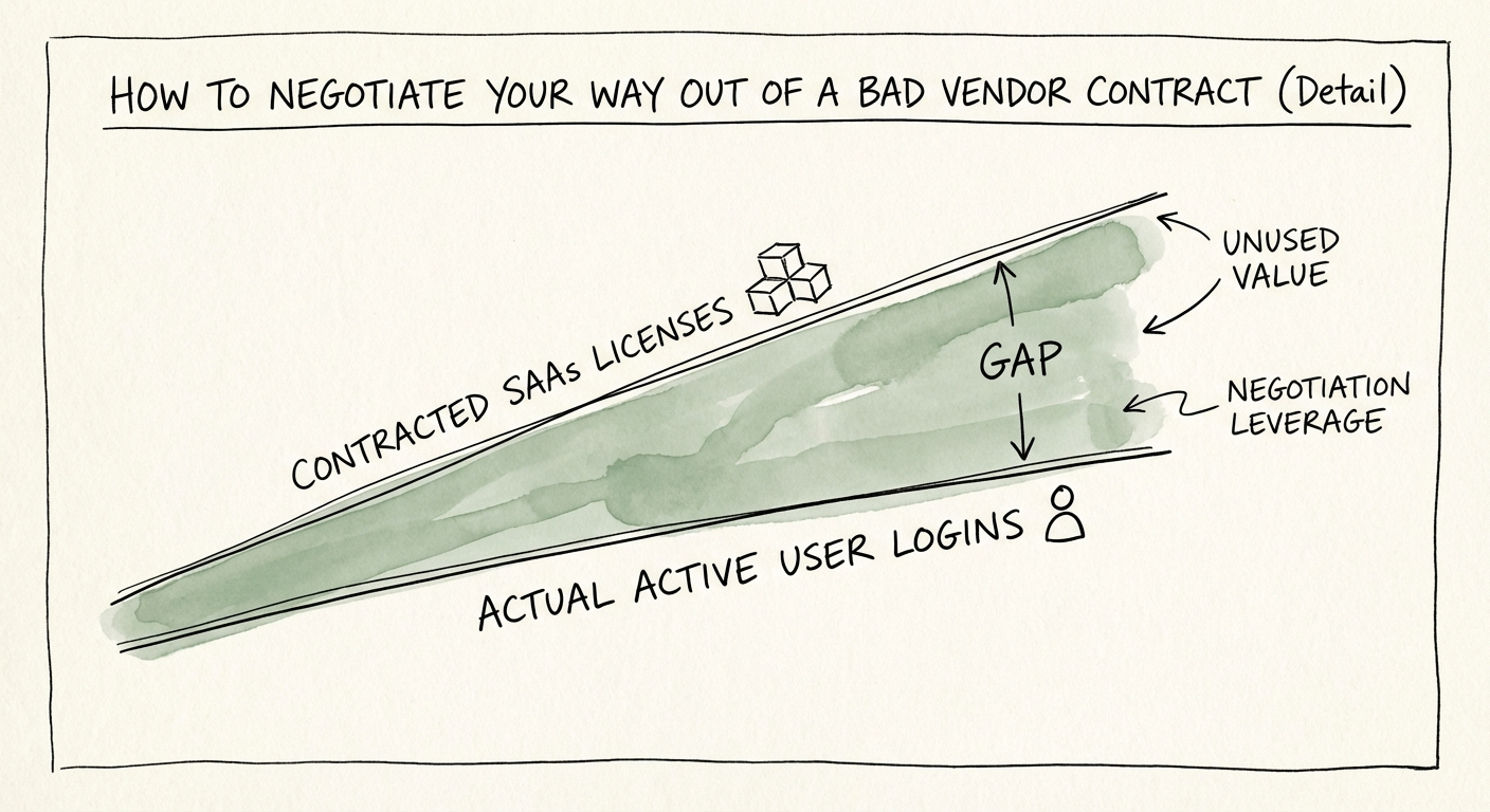 Chart showing the gap between contracted SaaS licenses and
actual active user logins.