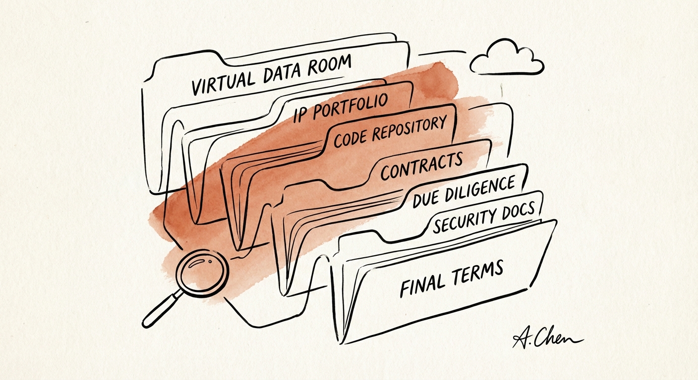 A structured virtual data room interface showing a tiered folder hierarchy for technology due diligence.