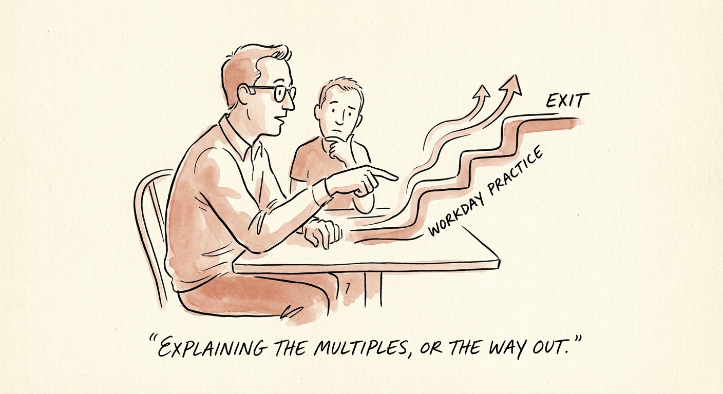 Justin Leader explaining Workday partner valuation multiples to a founder