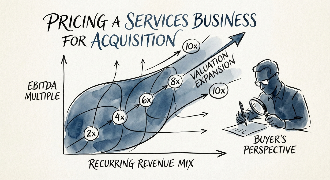 Private Equity Valuation Matrix for Services Firms showing EBITDA multiple expansion based on recurring revenue mix