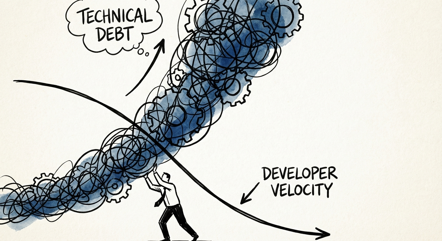 Graph showing the inverse relationship between technical debt accumulation and developer velocity.