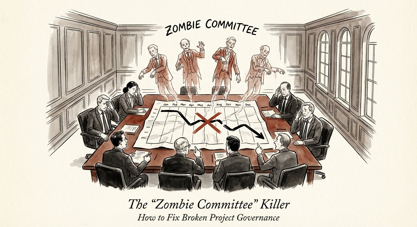 Executives in a boardroom analyzing a stalled digital transformation project timeline