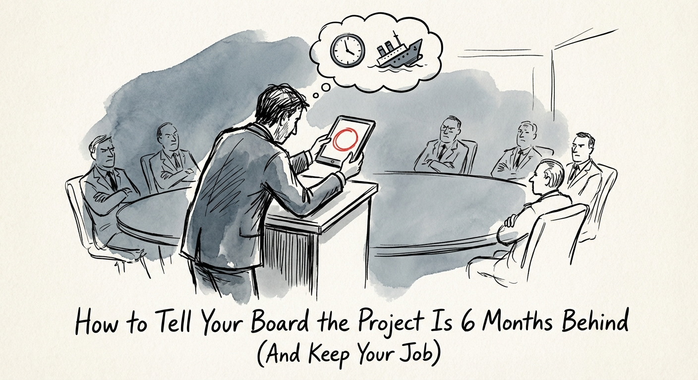 A stressed CIO presenting a red project status dashboard to a boardroom of skeptical private equity investors.