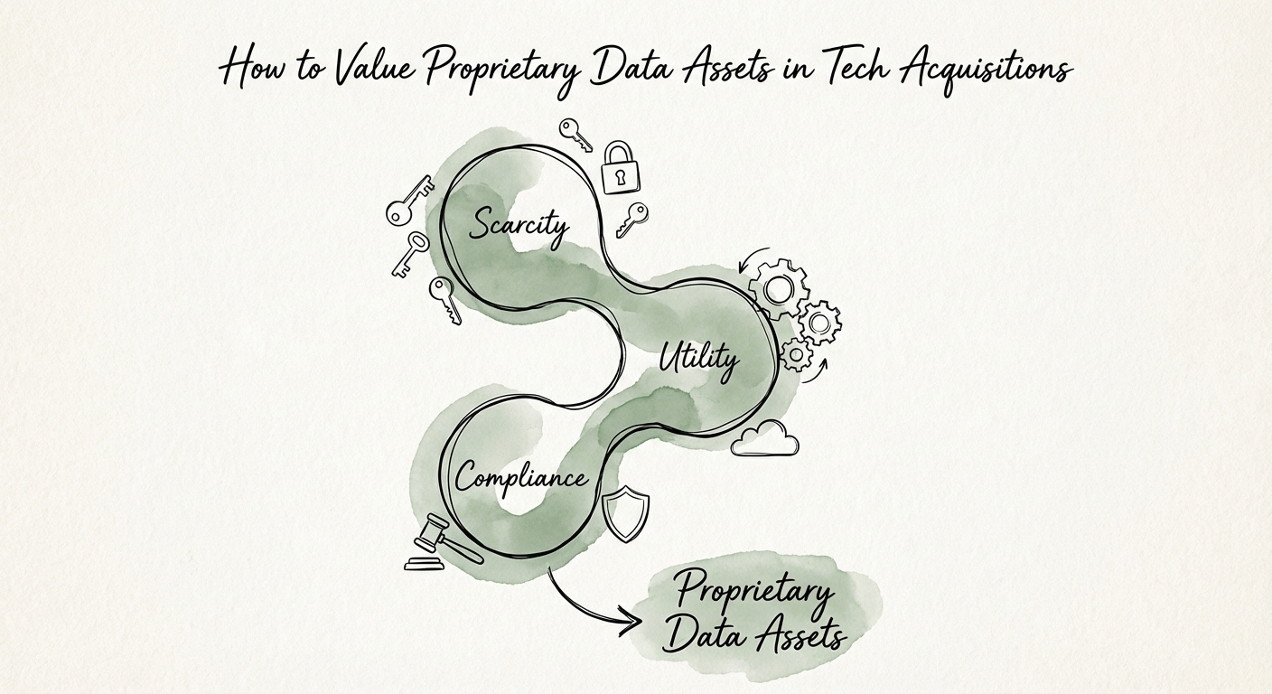 Diagram illustrating the three layers of data asset valuation: Scarcity, Utility, and Compliance.