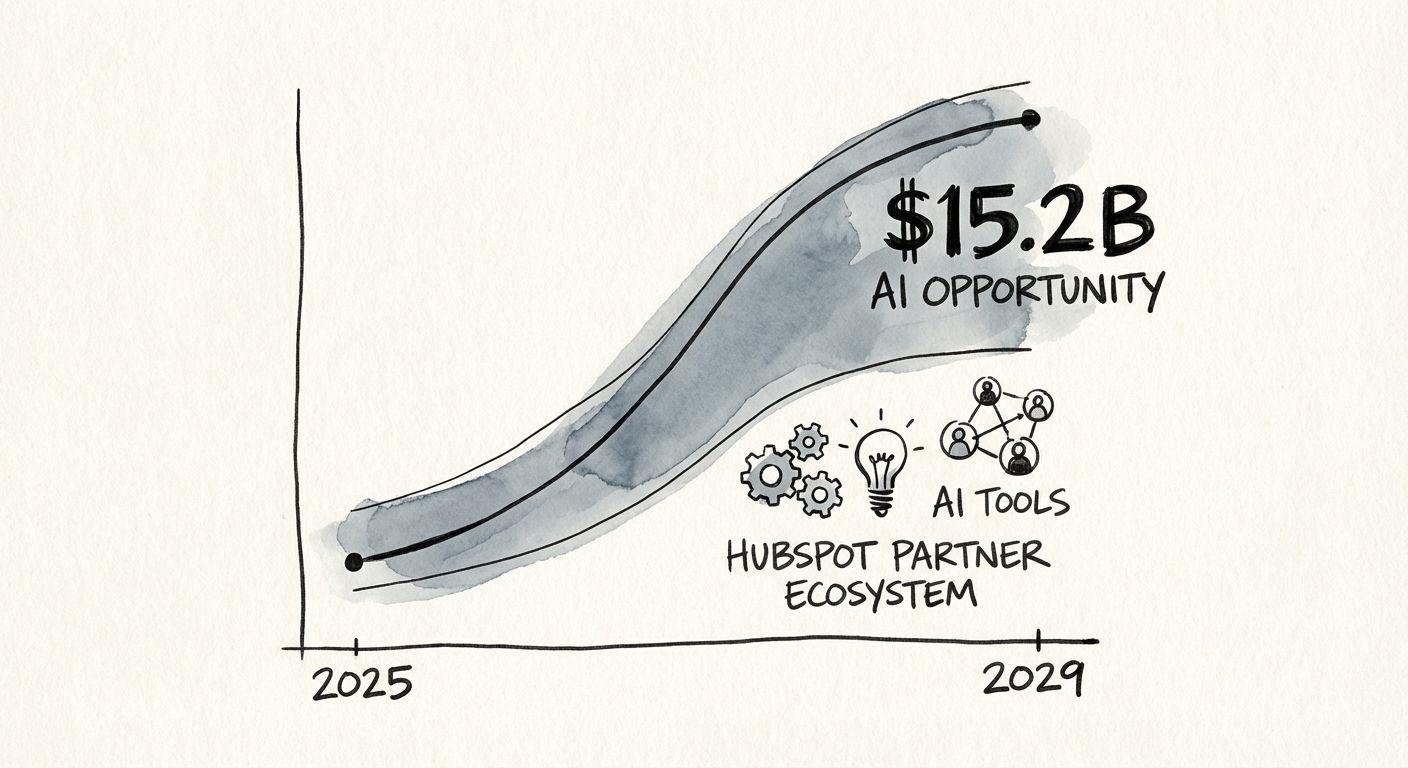 Graph showing the growth of HubSpot's partner ecosystem revenue from 2025 to 2029, highlighting the $15.2B AI opportunity.