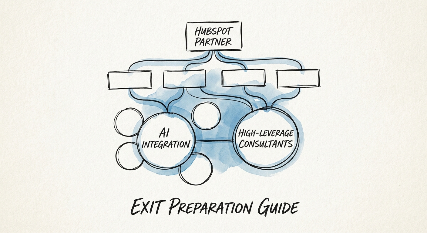 Diagram of a 'Smart Structure' org chart for a HubSpot Partner, highlighting AI integration and high-leverage consultants.