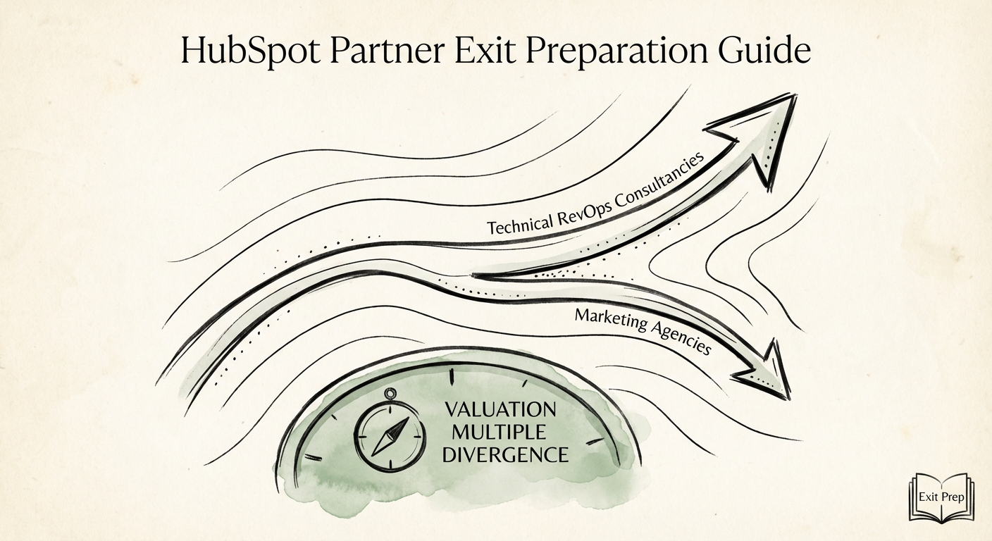 Chart showing valuation multiple divergence between HubSpot Marketing Agencies and Technical RevOps Consultancies.